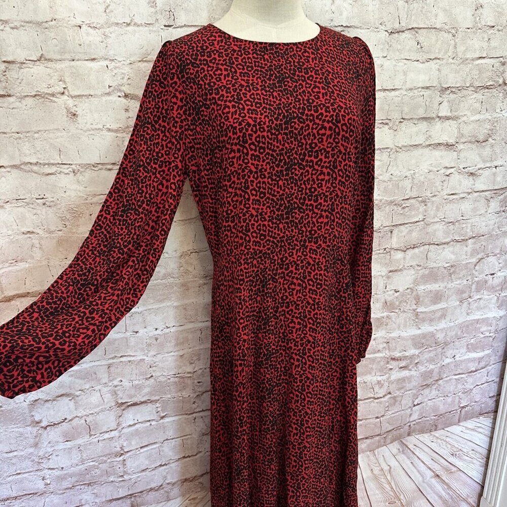 LOFT Womens Midi Dress Size 4 Red Animal Print Cheetah Long Sleeve Side Slit NEW - Picture 3 of 11
